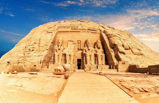 Abu Simbel rock-cut temple, sunny day view, Egypt.