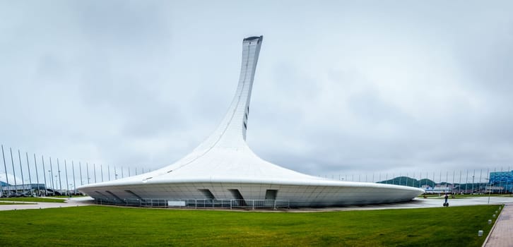 Sochi, Adler, Russia, April 14, 2016: View of Olympic Torch Monument  in Olympic Park in Sochi after the Winter Olympics of 2015
