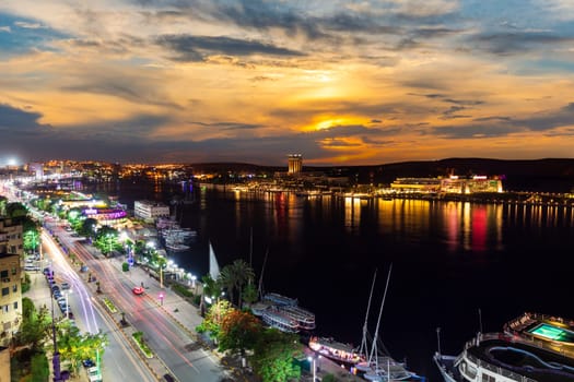 Aswan embankment of the Nile, night view, Egypt.