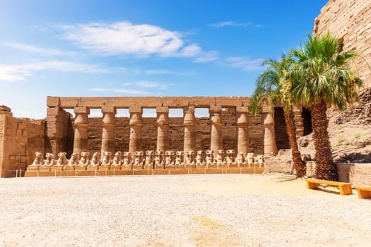 Karnak Temple, the row of ram-headed sphinxes inside the Great Court, Luxor, Egypt.