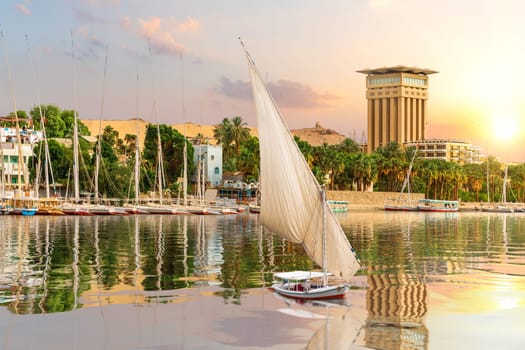 Aswan sunset view, fulucca on the Nile, Egypt.