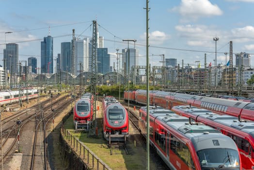 View to central station and downtown skyline, Frankfurt, Germany