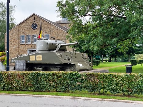 Rendeux, Belgium, August 2021: M4A3(76)w Sherman Tank & Memorial Task Force Hogan