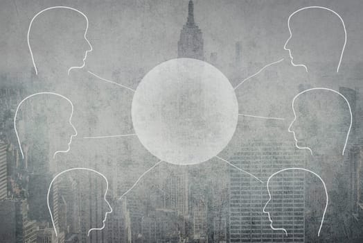 Silhouettes of faces connecting to a circle, teamwork, online meeting, communication, city in a blurry background