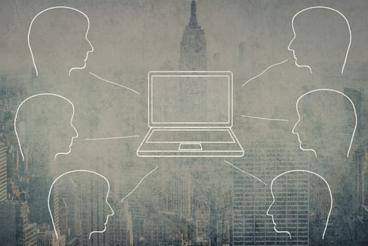 Silhouettes of human heads connecting to a laptop, teamwork, online meeting, communication