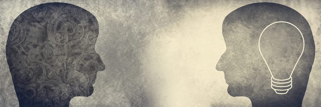 Silhouette human face with gearwheel on a textured background, empty copy space for text