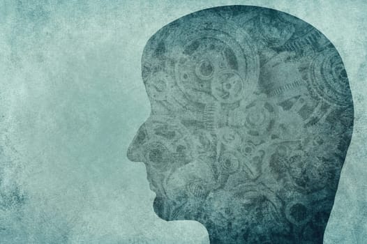 Silhouette human face with gearwheel on a textured background, empty copy space for text