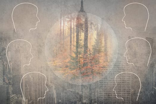 Enviromental issues, city against nature, people have a conversation, silhouettes of heads, global warming