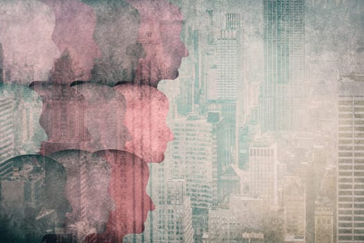 Group of people, silhouettes of faces, textured background, empty copy space