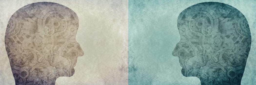 Silhouette human face with gearwheel on a textured background, empty copy space for text