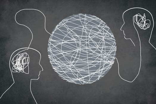 Two human heads connected to lines in a circle, communication, thinking together