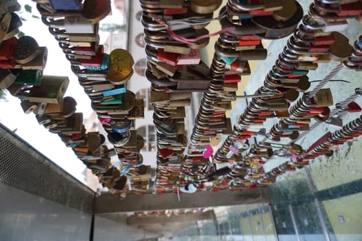 Love locks on a bridge in Ljubljana, 2020