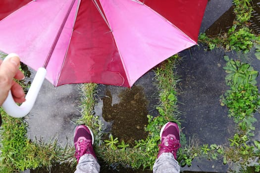 The feet of a woman with an umbrella on the wet floor