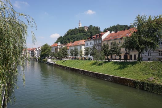 View on the canal of Ljubljana in summer time, 2020