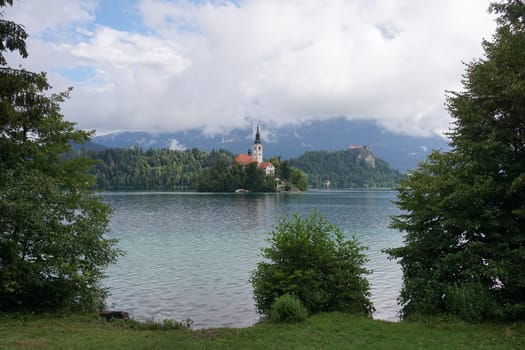 View on the Church of the Mother of God on the Island of Lake Bled, Slovenia 2020
