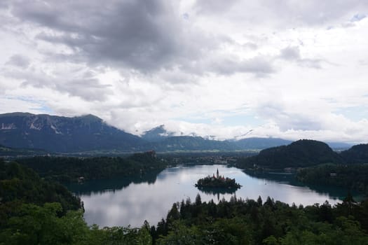 View onto lake Bled on a cloudy day, Slovenia 2020
