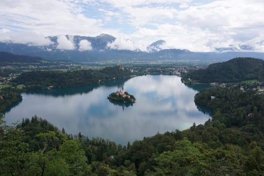 Breathtaking view onto Lake Bled from a viewpoint, Slovenia 2020