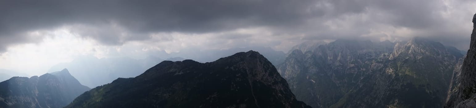 Stunning Panorama on a foggy day close to Mount Triglav, Slovenia 2020