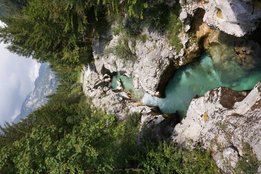 Stunning view on the turquoise Soca River, Slovenia 2020