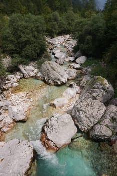 Rocky part of the Soca River on the Soca River trail, Slovenia 2020