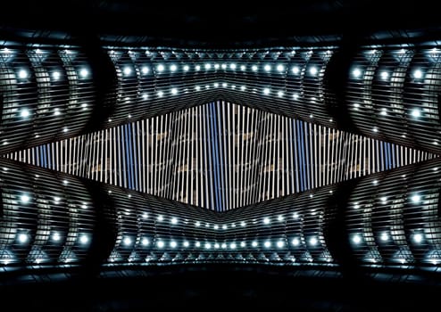 Abstract geometric image of a building night illumination. Night lighting. Office building. UFO. Spaceship. Alien civilization. Background image. Template for text. Business.