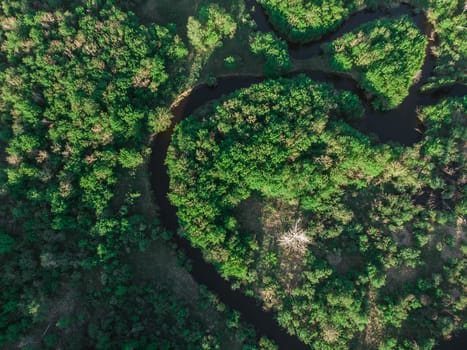 Aerial drone shot of summer june landscape with river