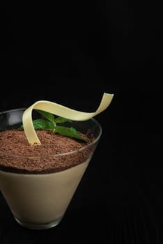 Delicious Italian dessert tiramisu, on a black wooden background decorated with mint leaf, with copy space.