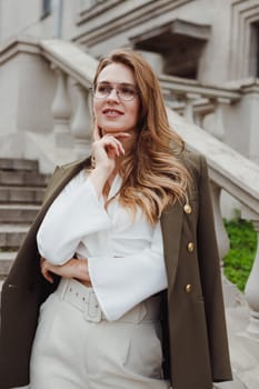 Myopia, smiling young business woman in new eyeglasses for good vision outdoors