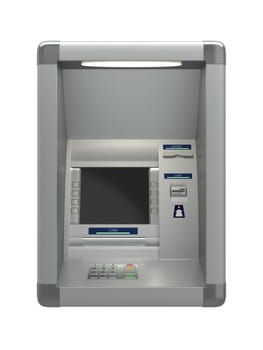 Atm machine with a card reader. Display screen, buttons, cash dispenser, receipt printer. Pin code safety, automatic banking, electronic cash withdrawal, bank account access concept. 3D illustration