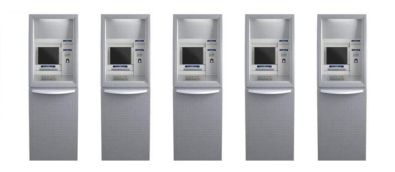 Line of five atm machines, isolated on white. 3D illustration