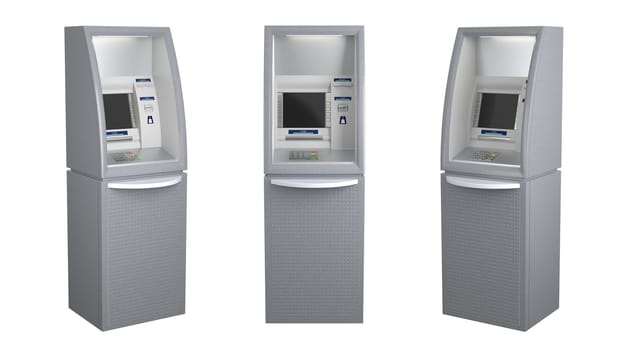 Set of three atm machines in different views - front and sides, isolated on white. 3D illustration
