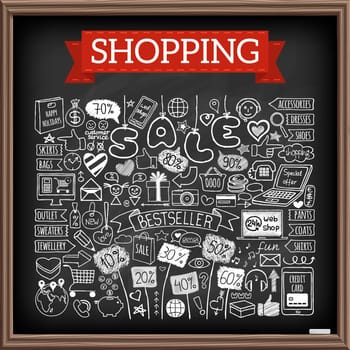 Shopping doodle set. Chalk board effect. Hand drawn icons collection with discount tags, computer, smartphone, gift box, hearts, stars and banners. Online shopping, holiday and season sale concept.