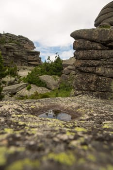 large kurum stones lie in the forest in the mountains, stones covered with moss, against the background of the forest, mountain landscape, high in the mountains..