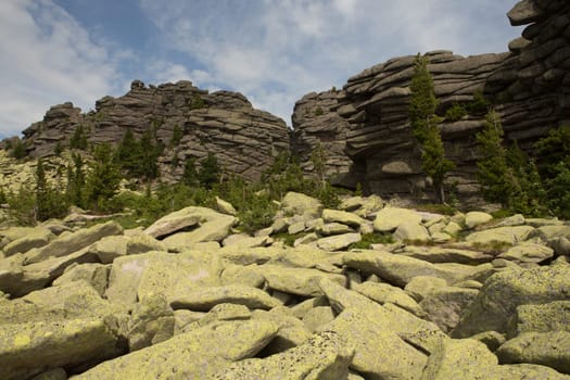 large kurum stones lie in the forest in the mountains, stones covered with moss, against the background of the forest, mountain landscape, high in the mountains..