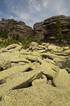 large kurum stones lie in the forest in the mountains, stones covered with moss, against the background of the forest, mountain landscape, high in the mountains..