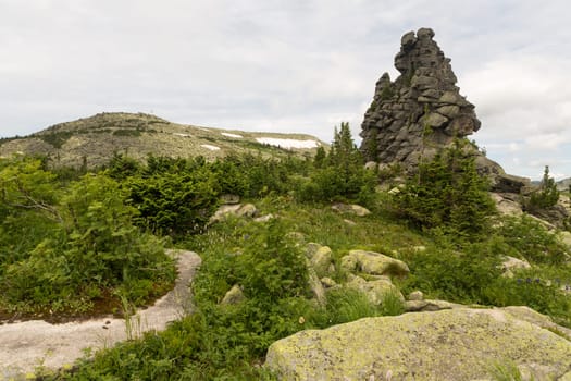 large kurum stones lie in the forest in the mountains, stones covered with moss, against the background of the forest, mountain landscape, high in the mountains..
