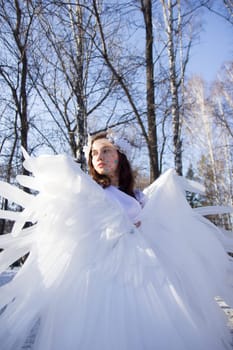 A beautiful angel by the river in winter against the blue sky.