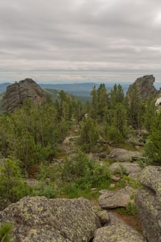 large kurum stones lie in the forest in the mountains, stones covered with moss, against the background of the forest, mountain landscape, high in the mountains..