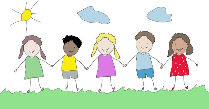 Happy children holding hands on a meadow, sun is shining, drawing