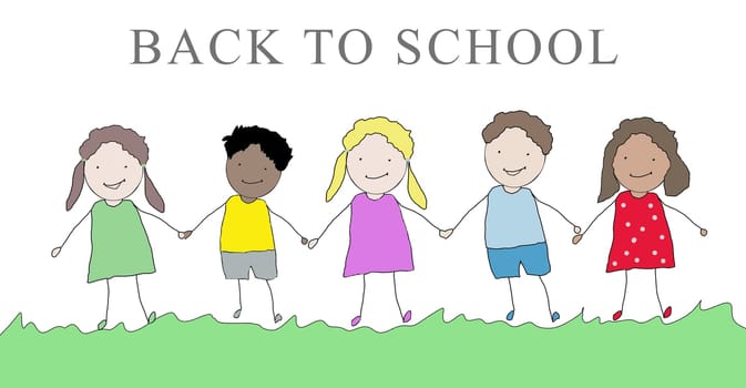 Back to school, kids holding hands, multicultural children on a green meadow