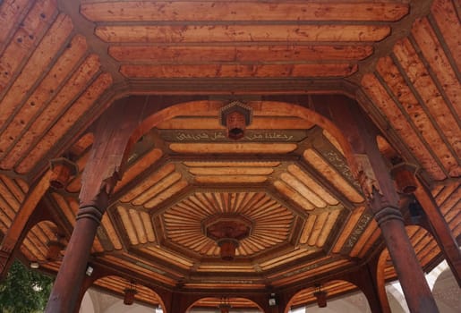 Wooden roof built over marble fountain at Gazri Husrev Beg mosque, Sarajevo 2020