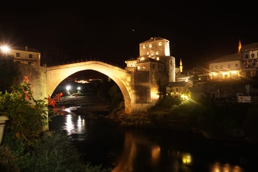 View on the famous bridge in Mostar at night, 2020