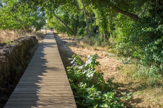 Gevora river, La Codosera, Badajoz, Extremadura, Spain. Senior man walking by footbridge with grandchild