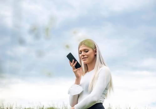 happy young woman with smartphone and mask