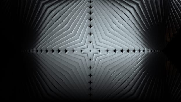 Abstract 3d render waves flow towards central steel cross. Chrome plated geometric tracery in futuristic industrial decoration. Modern corrugated structure with rotation.