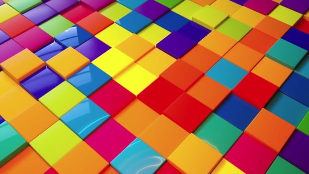 Geometric 3d render simple squares laid with lines on surface. Multicolored boxes in dynamic lighting with bright highlights. Digital wall creative presentation made of blocks