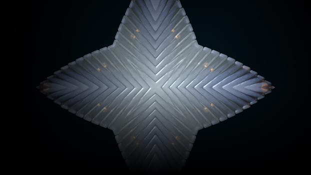 Abstract 3d render waves flow towards central steel cross. Chrome plated geometric tracery in futuristic industrial decoration. Modern corrugated structure with rotation.