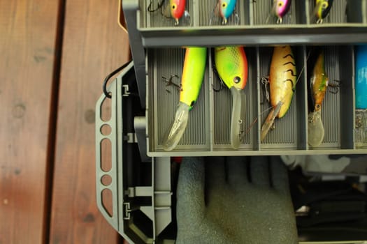 open fishing box with baits close-up