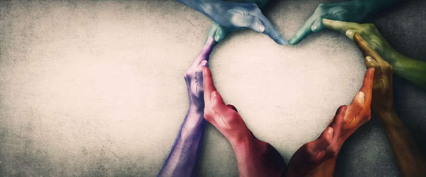 Different people unite for common purpose as diverse person hands colored in the lgbtq pride colors, join together and create a heart shape, isolated with copy space. Human diversity and love concept