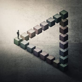 Lost and confused man walks puzzled on a penrose triangle. Perplexed person looks disoriented ahead, don't know wich way to choose. Surreal and conceptual scene, mental maze, optical illusion